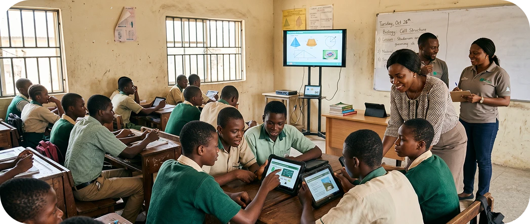 Students using tablets in a Nigerian classroom